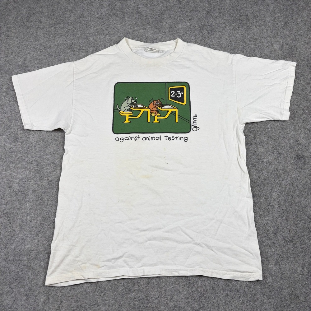 Grimm T Shirt Mens Large White Against Animal Testing Graphic Vintage 90s Y2K